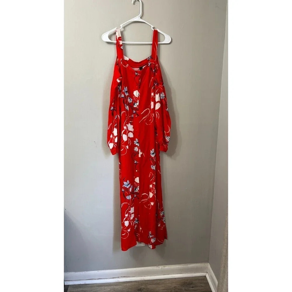 Yas Womens Red Maxi Dress Large Bluebells LS Ancle Floral Cold Shoulder - Picture 5 of 12